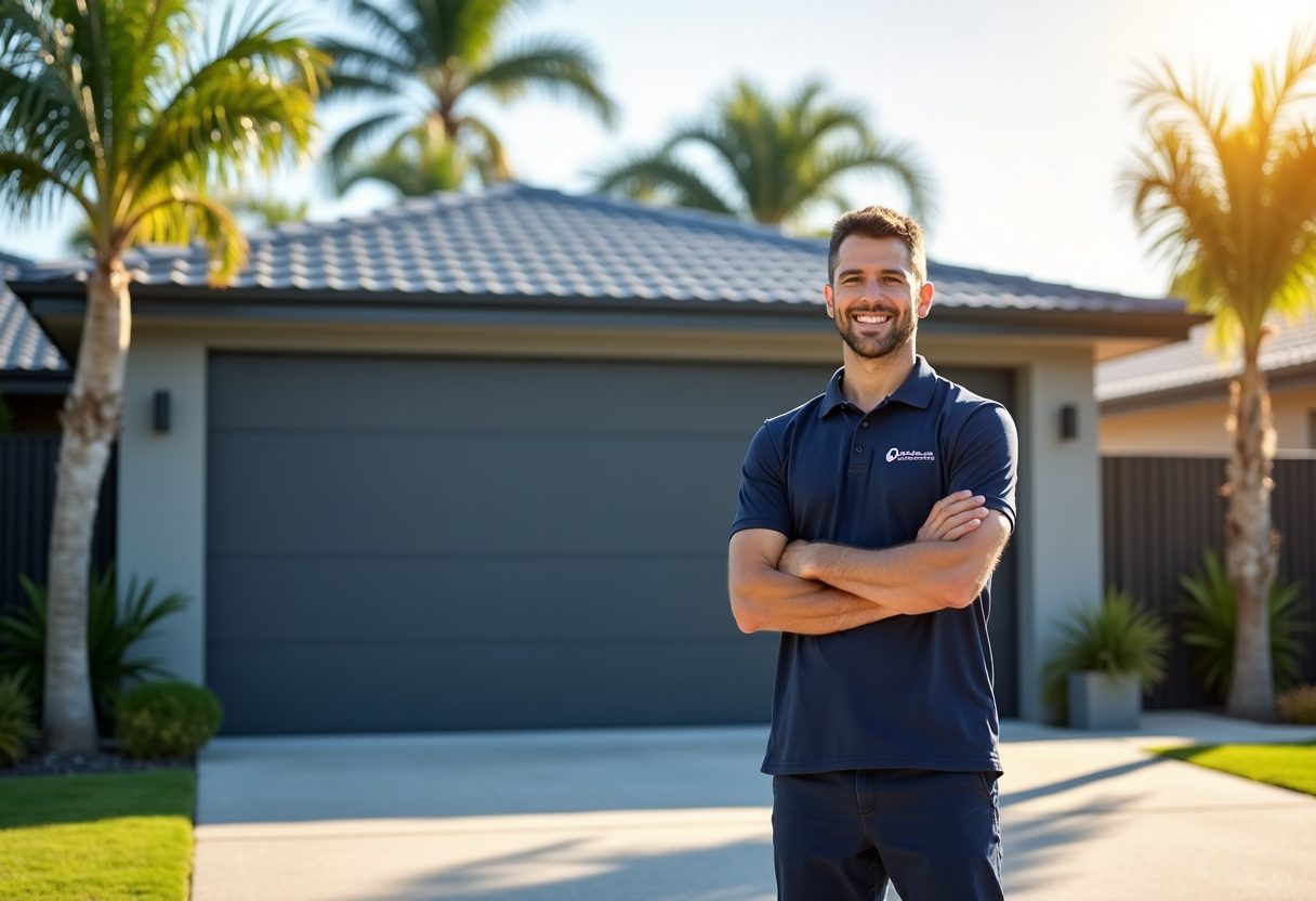 Technician beside a newly installed sectional garage door — Nerang